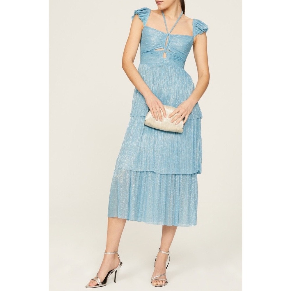 Sabina Musayev Metallic Plisse Halter Tiered Midi Dress Aqua Light Blue L